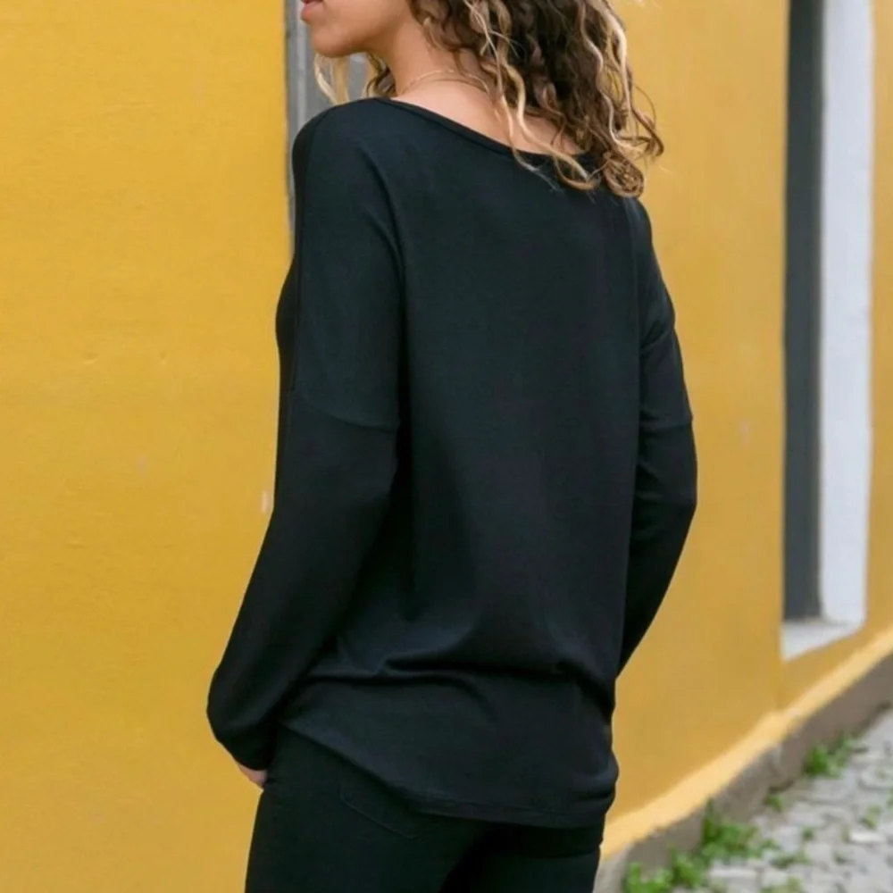 Color block geometric long sleeve top, asymmetrical neckline neutral spring fall - Picture 2 of 12